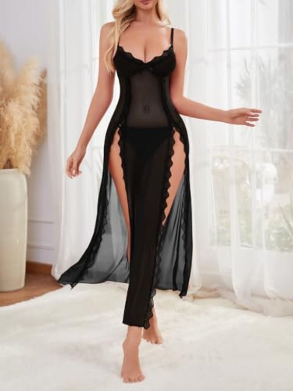 Sexy Side Split Long Lace Sheer Lingerie Dress V Neck Night Gowns with Thong 2 P